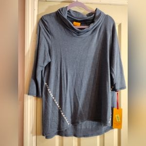 Ruby Rd Womens Large Petite Top Long Sleeve Cowl Neck Studded Blue